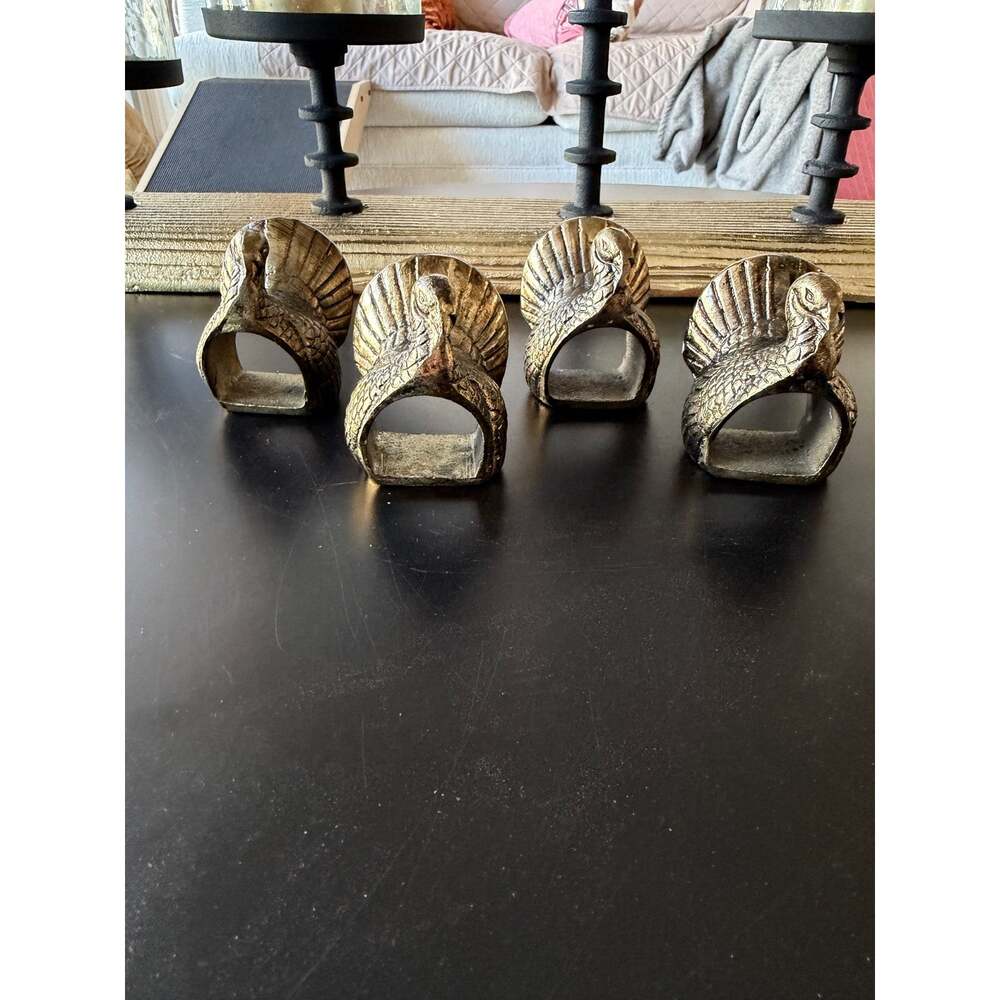 Brass Turkey Napkin Rings Set of 4 | Elegant Thanksgiving Table Decor - Picture 5 of 10